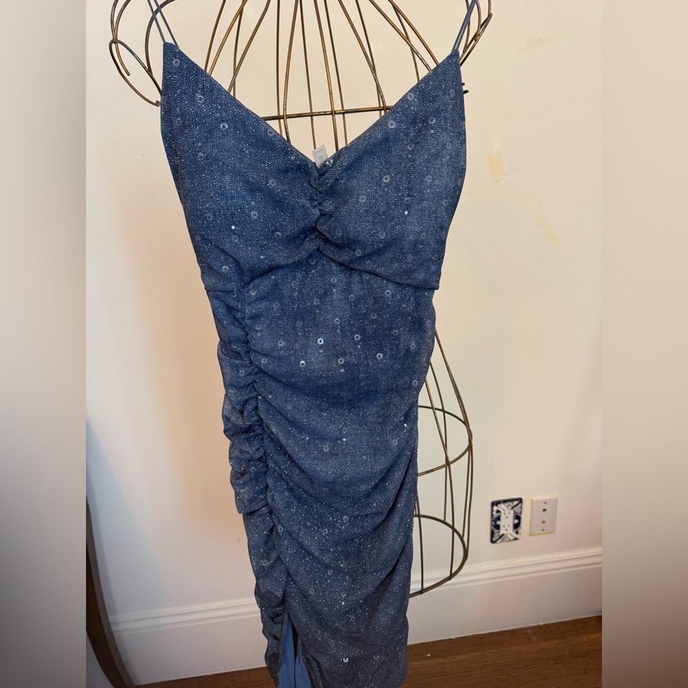 Chocolate Blue Sparkle Ruched Mini Dress | Size Medium | Style CH 5667